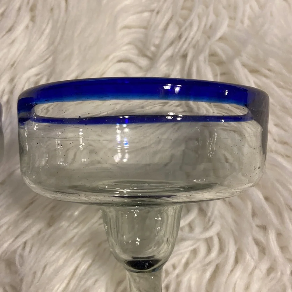Set Of Two Margarita Glasses Hand Blown Mexican Glass Barware Blue Rim And Base